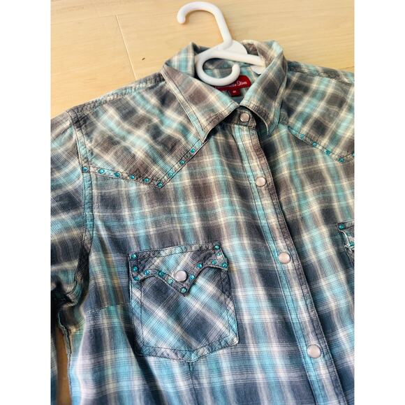 Y2K Panhandle Western Shirt Womens Size Small Pearl Snap/Rhinestone Plaid - Picture 7 of 7
